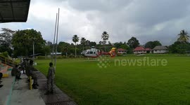 Coronavirus lockdown helicopter takeoff and depart to send essential food supplies to rural villages