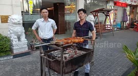 Street Food Scachy Rolling Meat  on a Huge  STick, Delicious?