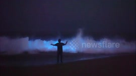 Bioluminescent algae illuminate waves as they crash onto Californian beach