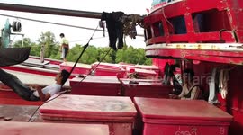Fishermen dock their trawler while lazy dog watches proceedings