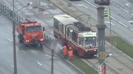 Disinfection of the fences along tramway route during COVID-19 lockdown in St.Petersburg, Russia