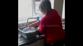 Woman disinfects cat in kitchen sink to help stop spead off potential coronavirus