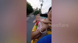 Pit bull falls asleep on owner's shoulder while riding motorcycle