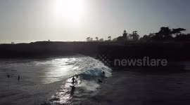 Drone footage of Steamers Lane on West Cliff Santa Cruz, California