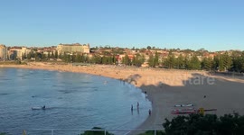 Swimmers at sunrise on Coogee Beach, Sydney, on ANZAC day 2020
