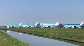 KLM airplanes parked away at Schiphol Amsterdam international airport during coronavirus crisis