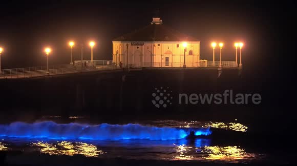 Bioluminescent waves crash on Manhattan Beach shore