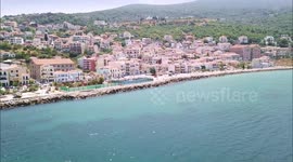 Drone flight over Samos town on the island of Samos, Greece