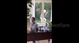 Hilarious moment remote worker mum fights laughter as kids clown around behind her