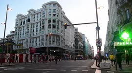 second day after the 50-day confinement on the streets of Gran via and Puerta del Sol in downtown Madrid, Spain