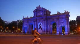 Huge black ribbon is displayed at Puerta de Alcalá in Madrid to mourn the victims of coronavirus in Spain.