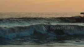 Surfer catches a wave at sunset during 2020 Spring Red Tide
