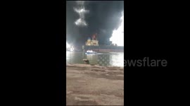 the tanker in the port of belawan caught fire