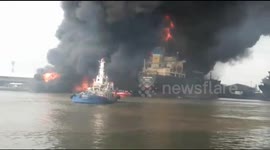 Fire breaks out on crude oil tanker at Port of Belawan in Indonesia