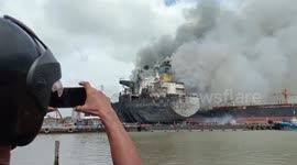 Fire breaks out on crude oil tanker at Port of Belawan in Indonesia