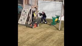 Clever Canadian 10-year-old mows the lawn on HOVERBOARD