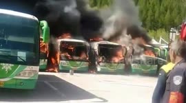 Six buses burned in huge fire after travel agency employee drops cigarette in one vehicle