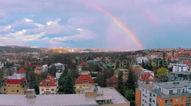 Double rainbow over Prague , flying to it by drone at start of Corona Virus Lockdown