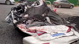 Chinese motorist miraculously survives after transport truck flattens his car