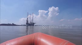 Huge out-of-work jack-up Oil Drillling rig, up close, Kent, UK