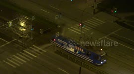 Tram disinfects roads overnight in St. Petersburg, Russia