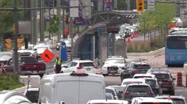 Traffic jams formed in road construction zone on hot sunny summer day on highway 7 in Markham Canada, something not seen in a long time due to the COVID 19 lockdown