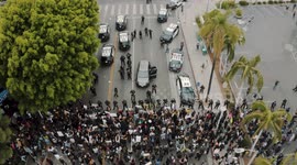 George Floyd death: Aerial view of a Black Lives Matter protest featuring huge crowds of protesters and riot police in West Hollywood