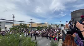 Rooftop footage of Los Angeles protestors in Los Angeles for George Floyd faceing off the police