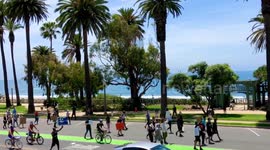 Peaceful Protesters march under palm trees and blue skies of Santa Monica towards the historic pier.