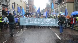 A brief video of the banner at the front of an anti brexit protest march through Manchester, uk, on 29 September, 2019