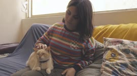 A woman sits on a couch and pets a cat
