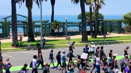Rooftop view of peaceful protesters soaking up beautiful Los Angeles beaches