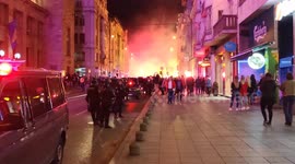 Sarajevo football fans celebration winning cup (Titula), Ferhadija, fireworks and flares over crowded street