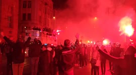 Sarajevo football fans celebration winning cup (Titula), Ferhadija, fireworks and flares over crowded street