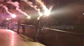Sarajevo football fans celebration winning cup (Titula), Ferhadija, fireworks and flares over crowded street