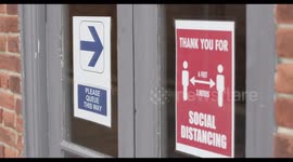 COVID-19 Signage about social distancing at Small Business during Corona pandemic, Life after lockdown new normal