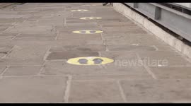 COVID-19 Signage social distance marker on pavement Small Business during Corona pandemic, Life after lockdown new normal
