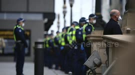 Police line on Parliament steps during BLM protest, Melbourne