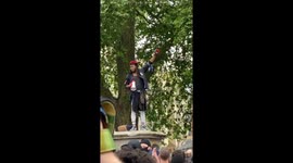 Protester gives speech standing on the spot where slave trader Edward Colston statue stood in Bristol