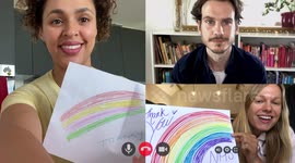 Group of friends holding up rainbow drawing to thank healthcare workers during Covid-19 pandemic on video call