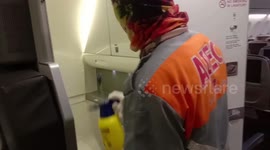 Routine spraying of disinfectants on the Airplane by the airline at Sultan Mahmud Badaruddin II Airport in Palembang