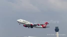 Virgin 747 flying falcon final flight from Manchester airport.
