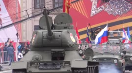 Russian military vehicles on display at the Palace square for the last rehearsal before the Victory Day Parade that was postponed from 9 May to 24 June in St Petersburg, Russia