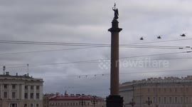 Russian military helicopters and planes on display at the Palace square for the last rehearsal before Victory Parade that was postponed from 9 May to 24 June in St Petersburg, Russia