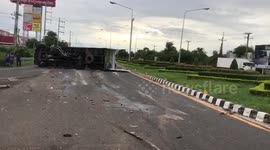 Lorry carrying 30 motorcycle overturns after collision in Thailand