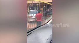 Hilarious moment scared delivery man climbs gate when dogs chase him
