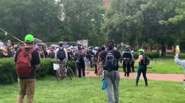 Protesters in Lafayette Park attempting to tear down Andrew Jackson statue