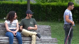 Pranksters amuse and horrify public by pretending to be a blind man urinating in Georgia