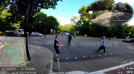 London Cyclist runs a red light nearly hitting a pedestrian and a car. Giving cyclists a bad rep.