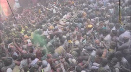 Holi celebrations in Bankey Bihari temple in Vrindavan, India.